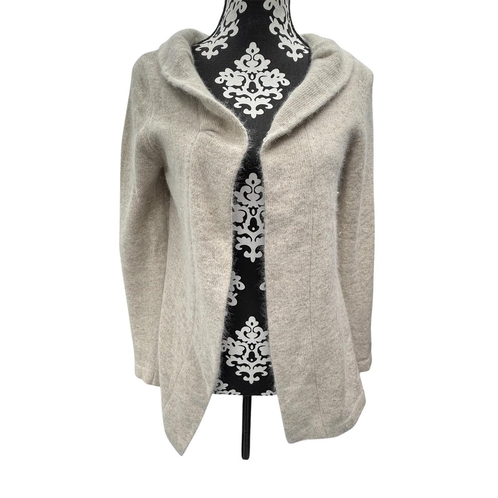 Marina Luna Beige Open Front Cardigan Size M Angora Rabbit Hair Lambswool Blend